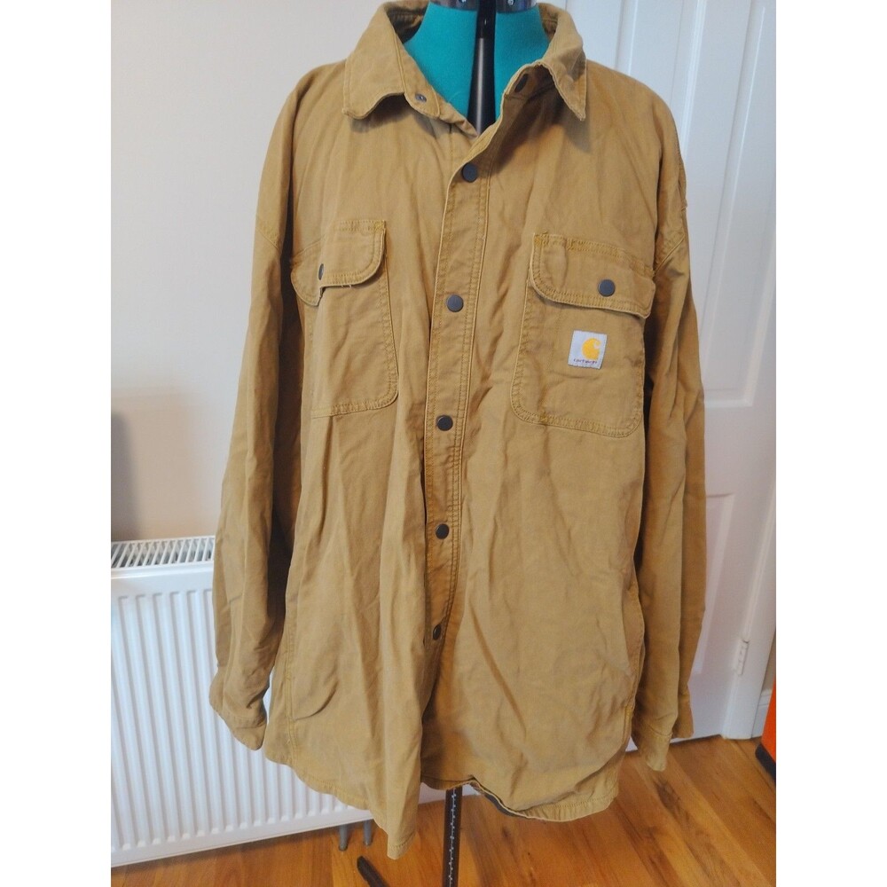 Carhartt TJ5419-m Work Shirt Jacket 4XL Khaki Brown Flannel Lined Snap-on jacket